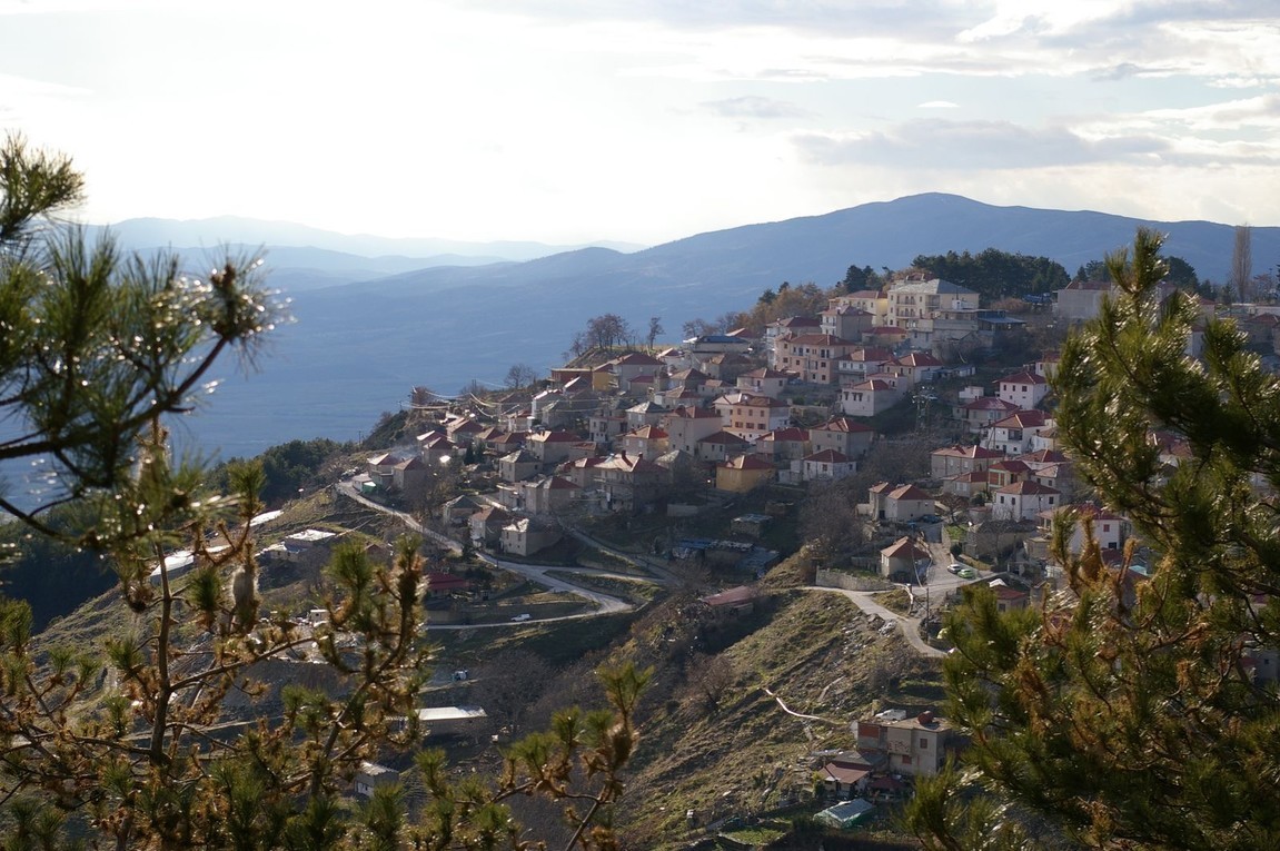 Livadi traditional village, with a view to mount Olympus